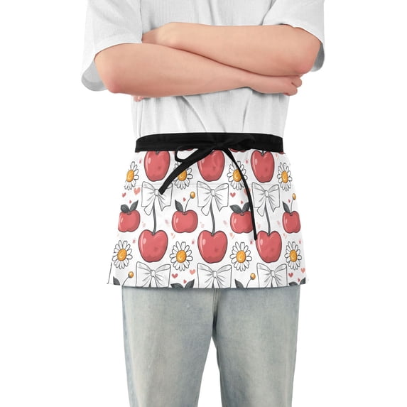 Cherry Apple Bow Daisy Server Apron with 3 Pockets Waterproof Waitress Waist Short Apron for Man Woman 12 Inches