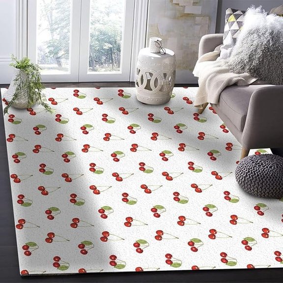 Cherry Area Rug, Red Fruits Filling Green Leaf Interior Rug, Non-Slip Rug Texture Skin-Friendly Comfortable Soft Carpet For Living Room Bedroom 2 x 3ft