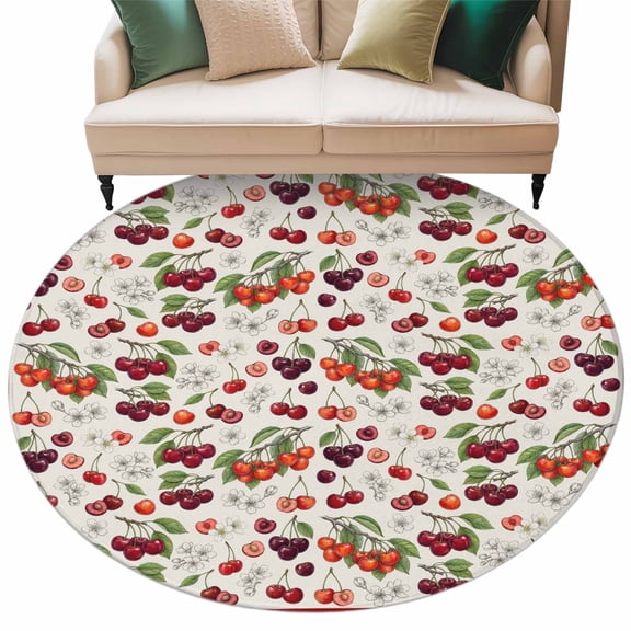 Cherry Area Rug, Retro Pink Red Cherry White Floral Beige Texture Round Non-Slip Absorbent Washable Area Rug Felt Rubber Backing Indoor Carpet for Bedroom Living Room 7ft
