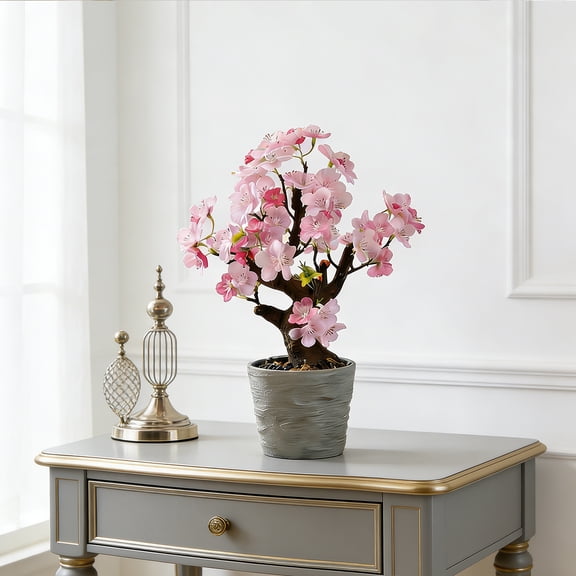 Cherry Artificial Blossom Tree Artificial Pink Cherry Tree Natural Plant Pot with Plastic Planter for Home Office Indoor Tabletop Desk Kitchen Living Room Bedroom