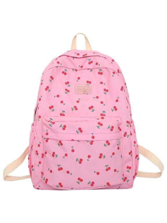 Cherry Backpack, Aesthetic Daypack, Cute Mini Bookbag, Corduroy Fabric Backpack, Lightweight Travel Bag, Casual Laptop Rucksack, Adjustable Straps Multi Pocket for Travel Daily Work Use, Pink