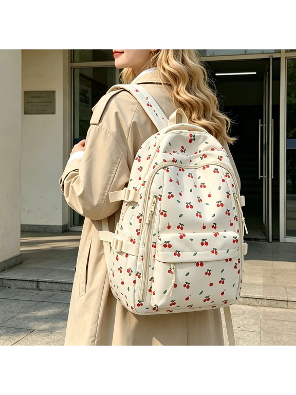 Cherry Backpack for Women, Travel Laptop Backpack for Women, Cherry Print Women's Backpack, College Laptop Bookbag, Casual Daypack, Womens Backpack, Cute Backpack with Cherry Pattern, 16.9"×11.8"