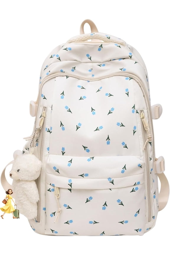 Cute Kawaii Cherry Print Backpack with Bear Charms, Aesthetic Daily School Bag (Blue Flower)