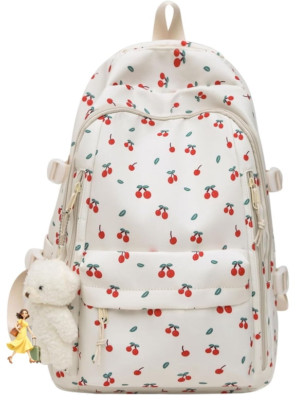 Cherry Backpack with Bear Widgets, Cute Aesthetic Kawaii Backpack with Cherry Print(Cherry)