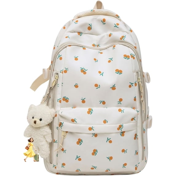 LINXI Cute Kawaii Cherry Print Backpack with Bear Charms, Aesthetic Daily School Bag (Orange)