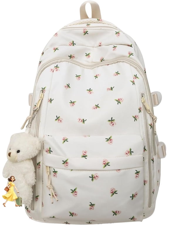 Cute Kawaii Cherry Print Backpack with Bear Charms, Aesthetic Daily School Bag (Pink Flower)