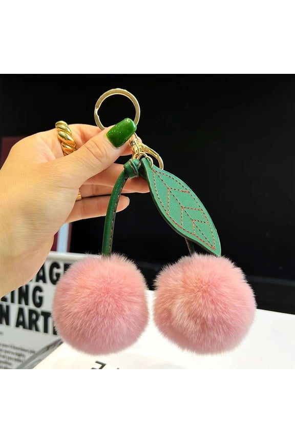 Cherry Bag Charm,Cherry Keychain,Fluffy Cherry Keychain Bag Charms Plush Accessories,Pompom Ball Keyring Bag Pendant Multi-color Ball Keychain Backpack Fruit Cherry Keychain(Pink)