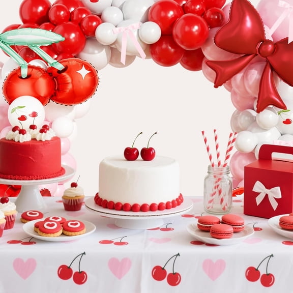 Cherry Balloon Arch Garland Kit with Ribbon Cherry Bow Foil Balloons for Party Decorations