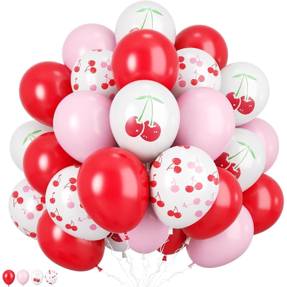 Cherry Balloons, 60 Pcs Pink and Red Cherry Theme Balloons, 12 Inch Cherry Printed Balloon for Cherry Theme Birthday Decorations Wedding Baby Shower Party