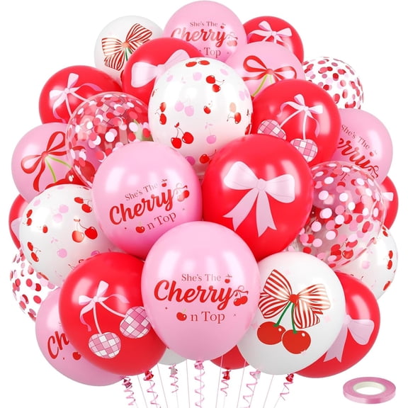 Cherry Balloons,Red Pink Balloons Bow Print Helium Balloon for Women Bridal Shower Wedding Cherry Theme Birthday Party Backdrop Decorations