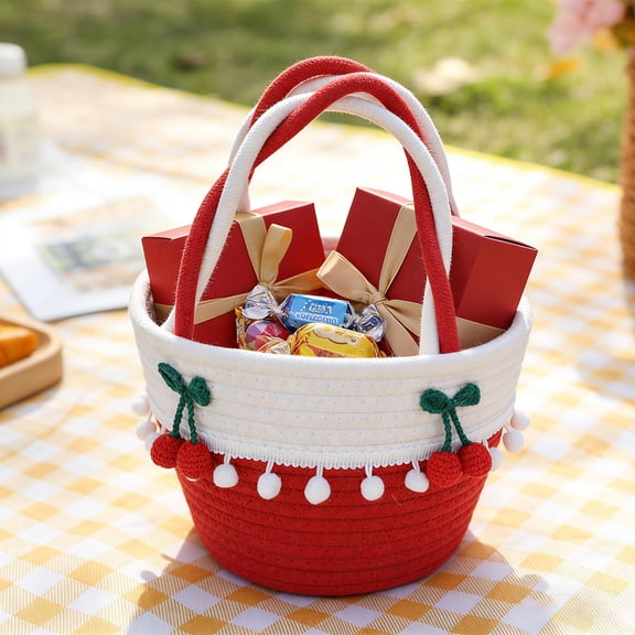 Cherry Basket Small Woven Storage Basket with Handles Cherry Round Decorative for Storage Gift Organization Easter Egg Picnic Cat Dog Toy