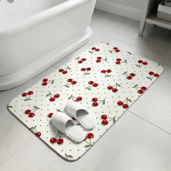 Cherry Bathroom Rugs Non Slip Washable Bath Mat Absorbent Low Pile Front Door Mat Modern Simple Red Berry Fruit Branches Dots Indoor Doormat for Kitchen Entryway Shower Decor Accessories 15.7"x23.6"
