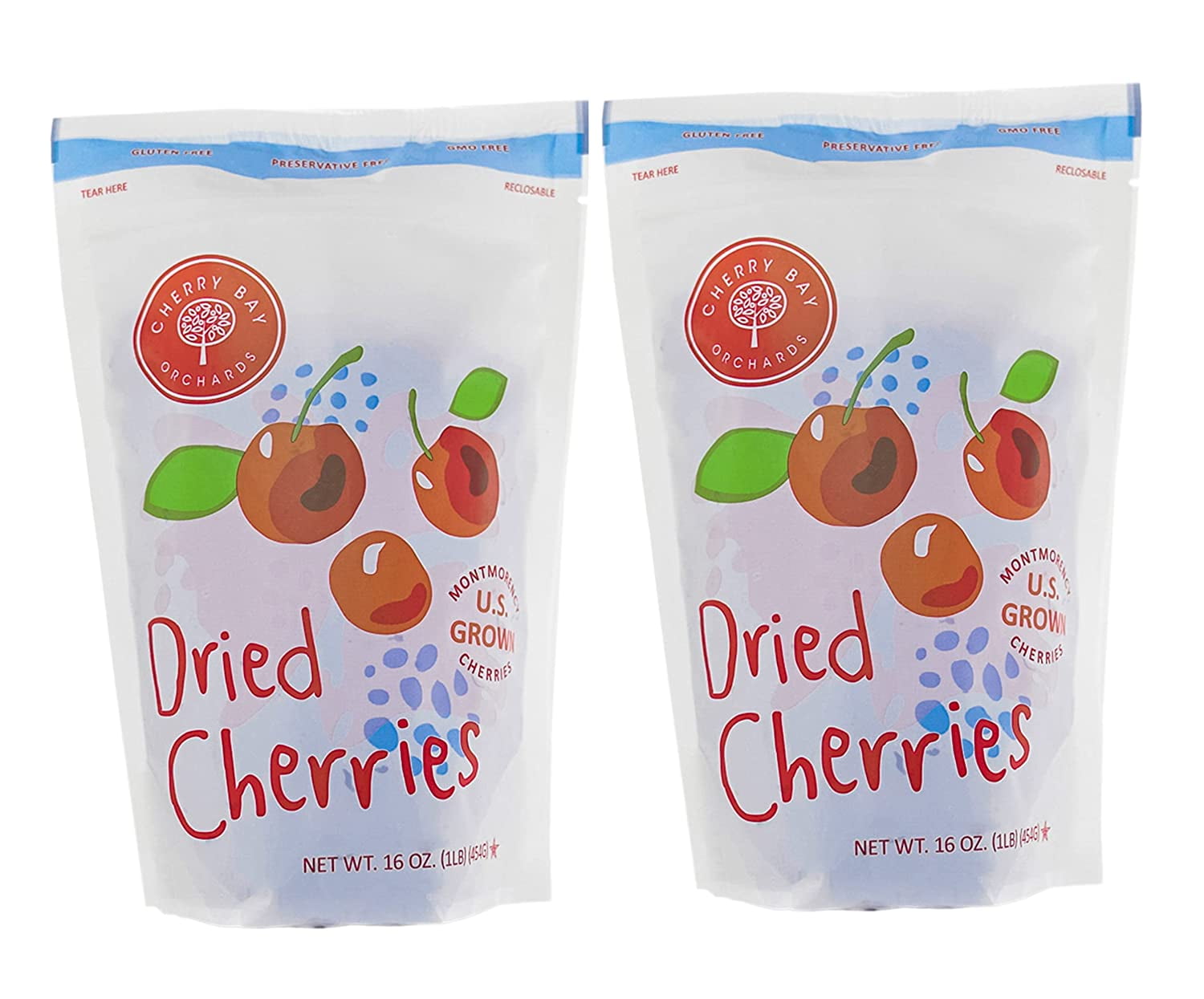 Cherry Bay Orchards - Dried Montmorency Tart Cherries - Pack of Two 16 oz Bags (32 oz Total) - 100% Domestic, Natural, Kosher Certified, Gluten-Free, and GMO Free - Packed in a Resealable Pouch