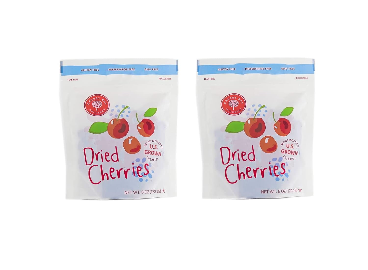 Cherry Bay Orchards - Dried Montmorency Tart Cherries - Pack of Two 6oz Bags (Total 12 oz) - 100% Domestic, Natural, Kosher Certified, Gluten-Free, and GMO Free - Packed in a Resealable Pouch