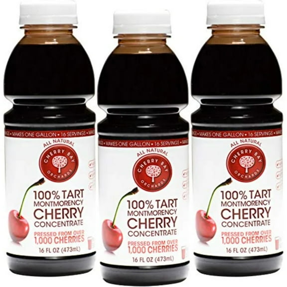 Cherry Bay Orchards Tart Cherry Concentrate - Three Pack 16 oz Bottles - All Natural Juice to Promote Healthy Sleep - Gluten Free, Natural Antioxidants, No Added Sugar or Preservatives