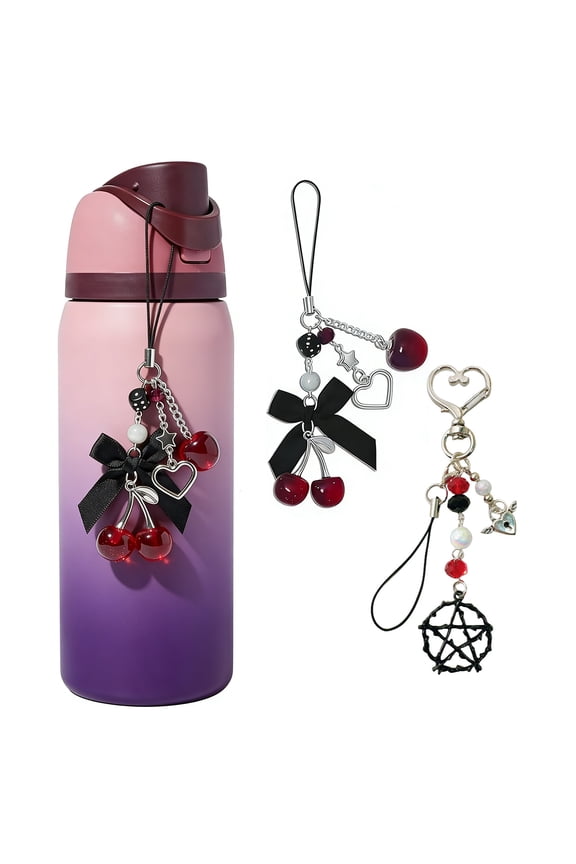 Cherry Bead Keychain for Women Girls Cute Red Cherry Fruit Bag Charm with Bow Black Star Keyring for Purse Bag Backpack Handbag Accessories