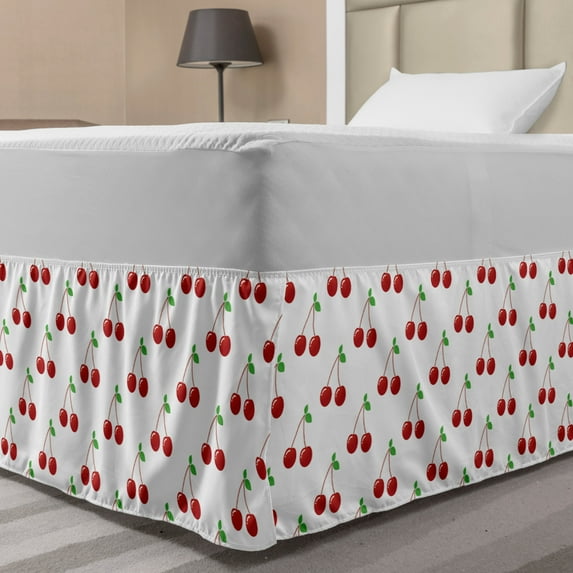 Cherry Bed Skirt, Cartoon Summer Fruit Symmetric Repetitive Pattern on Plain Backdrop, Elastic Bedskirt Dust Ruffle Wrap Around for Bedding Decor, 4 Sizes, Vermilion Green, by Ambesonne