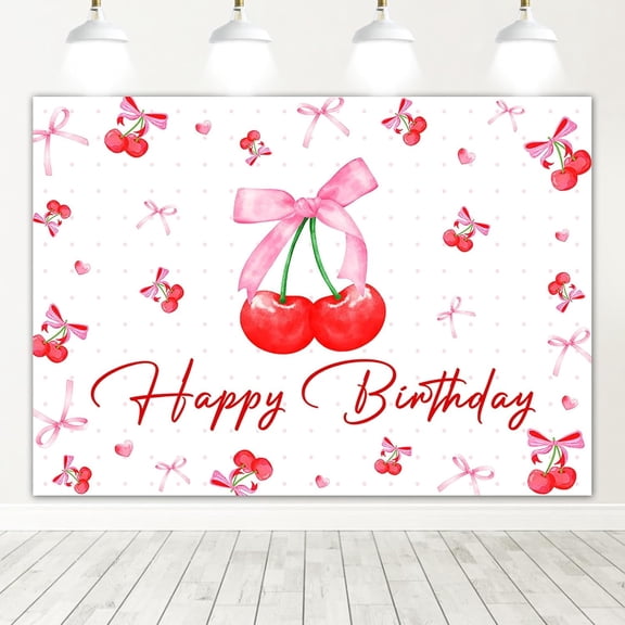Cherry Birthday Backdrop Coquette Bow Birthday Background Cherry Girls Party Decorations Photo Booth Props