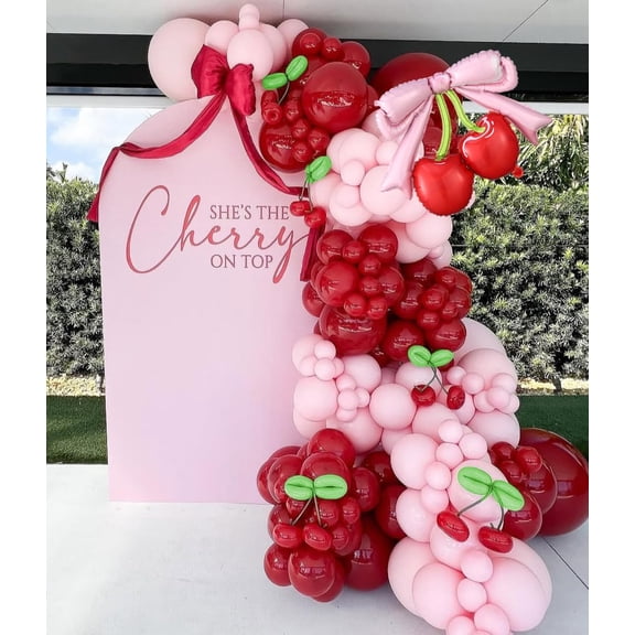 Cherry Birthday Decorations,for Cherry on TOP Baby Shower Decor | 146pcs Red Pastel Pink Latex Balloons with Cherry Balloon for Girl Birthday Berry First Cute Fruit Party Favors Home Decor