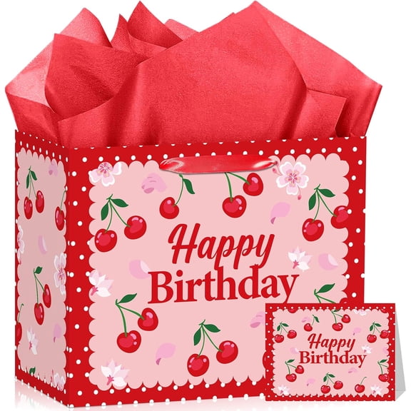 Cherry Birthday Party Bag, Cherry Wrapping Bag with Tissue Paper and Card Flower Fruit Themed Wrapping Paper for Girls Teens Shower Women Birthday Party Favors