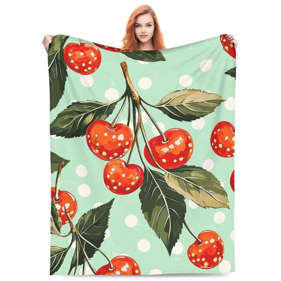 Cherry Blanket Polka Dot Fruit Blanket Red Berries Leaves Retro Mid-Century Soft Plush Bed Throw Travel 50x40