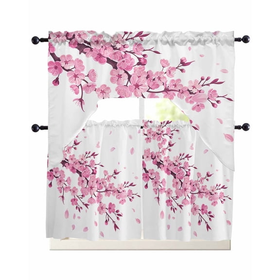 Cherry Blossom 3 Piece Swag Kitchen Curtains Set Spring Pink Flower Floral Plant Pastoral Valance and Tier Curtains 24 In Long, 56" x 36" Window Topper for Cafe Bathroom Bedroom