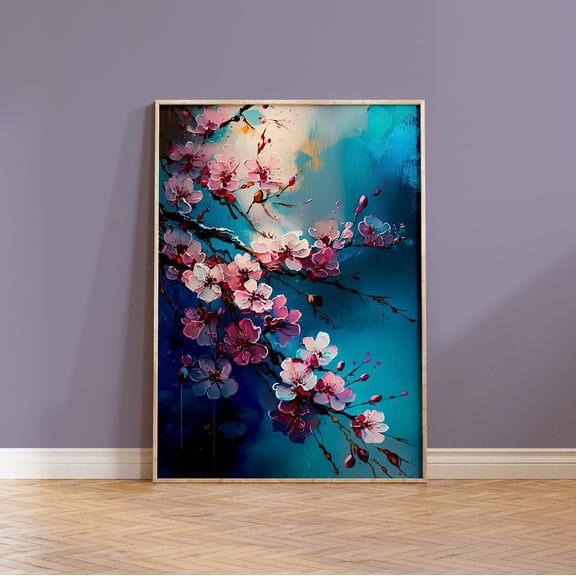 Cherry Blossom Abstract Acrylic Sakura Branch Wall Art, Unframed Paper Poster 11x14in
