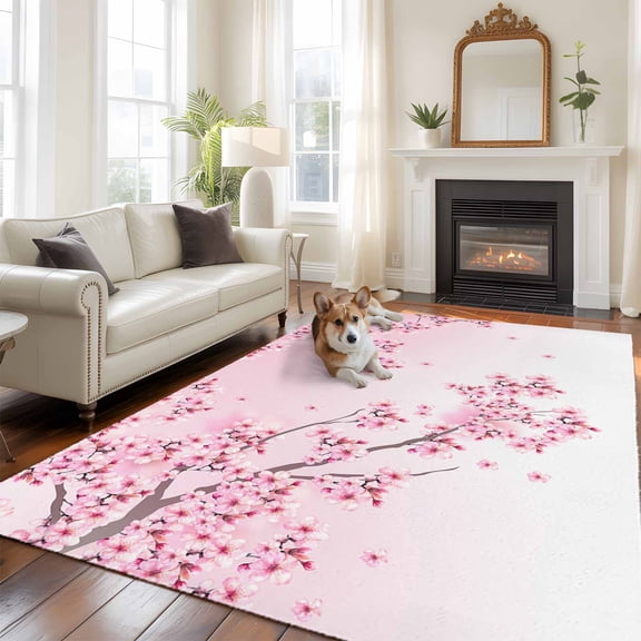 Cherry Blossom Area Rug 5x8 FT, Non Slip Bedroom Throw Carpet, Gradient Tree Pink Flower Plant Washable Soft Floor Carpet Non-Shedding Rug for Living Room Nursery Dorm Office