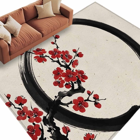 Cherry Blossom Area Rug 6x9 Washable Rug Non Slip Asian Japanese Red Plum Flower Retro Beige Large Area Rug Soft Stainresistant Indoor Carpet for Living Room Bedroom Home Office Dining Room Nursery