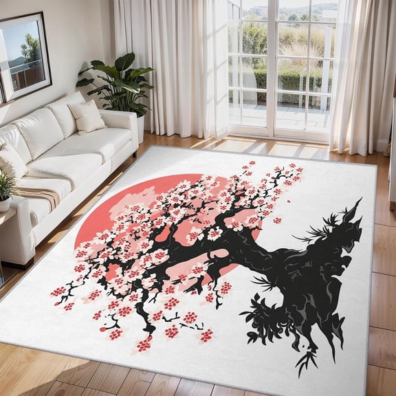 Cherry Blossom Area Rug, Japanese Sakura Floral Art Indoor Carpet, Washable Non Slip Low Pile Soft Thin Rug for Living Room Bedroom Home Decor Mat 5x8ft