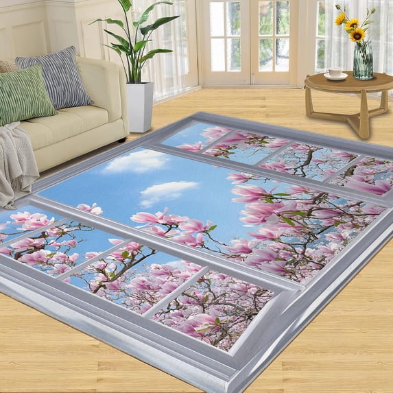 Cherry Blossom Area Rug, Pink Floral Pattern Carpet, Washable Non-Slip ...