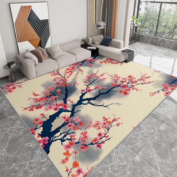 Cherry Blossom Area Rugs, Pink Cherry Blossoms Branches Carpet, Washable Non Slip Low Pile Soft Rug for Living Room Bedroom Entryway Decor Mat 5x6ft