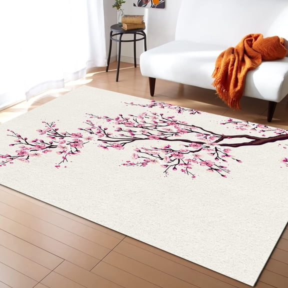 Cherry Blossom Area Rugs, Spring Pink Floral Painting Printed Rug, Minimalist Art Soft Washable Carpet For Kids Bedroom Living Room Front Entrance Office Study Decor