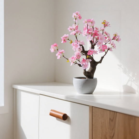 Cherry Blossom Artificial Tree Faux Light Pink Cherry Tree Plastic Flower Plant with Plastic Planter for Home Office Indoor Tabletop Desk Kitchen Living Room Bedroom