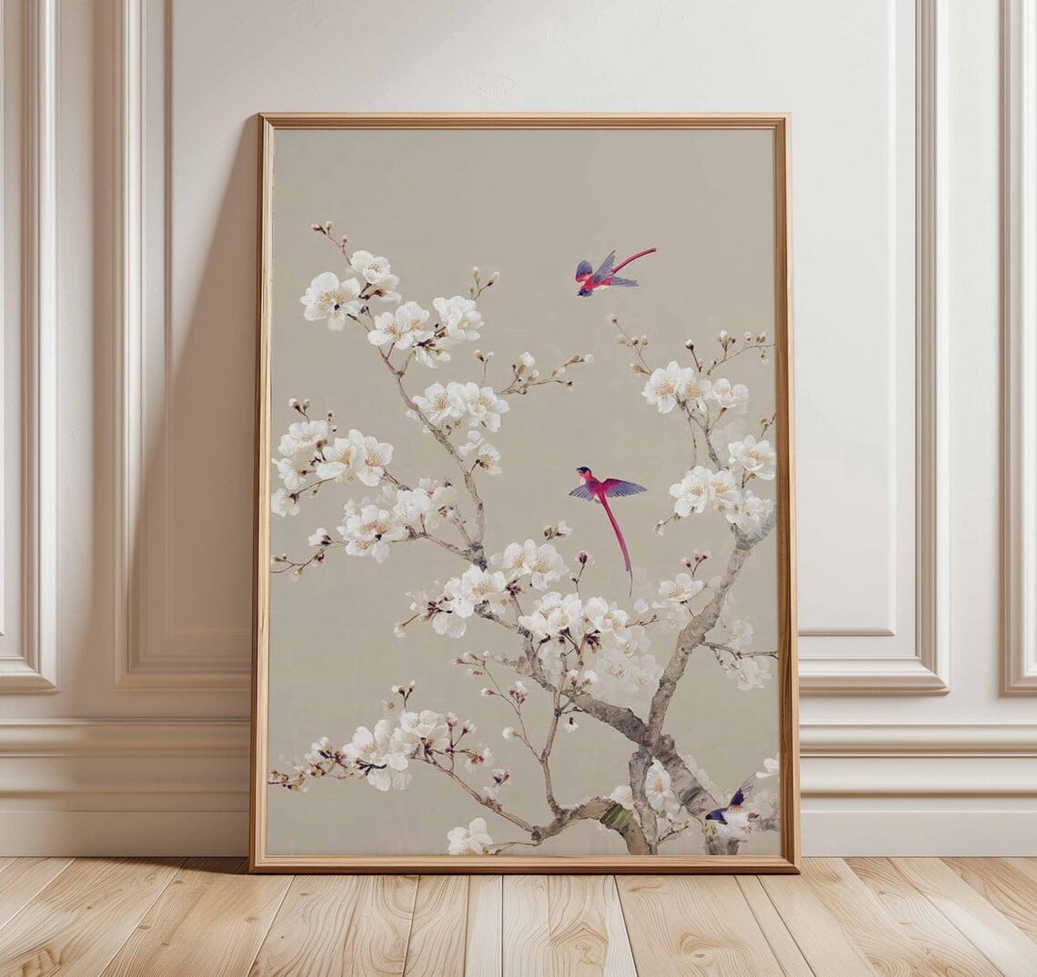 Cherry Blossom Asian Inspired Floral Minimalist Bird Botanical Decor ...