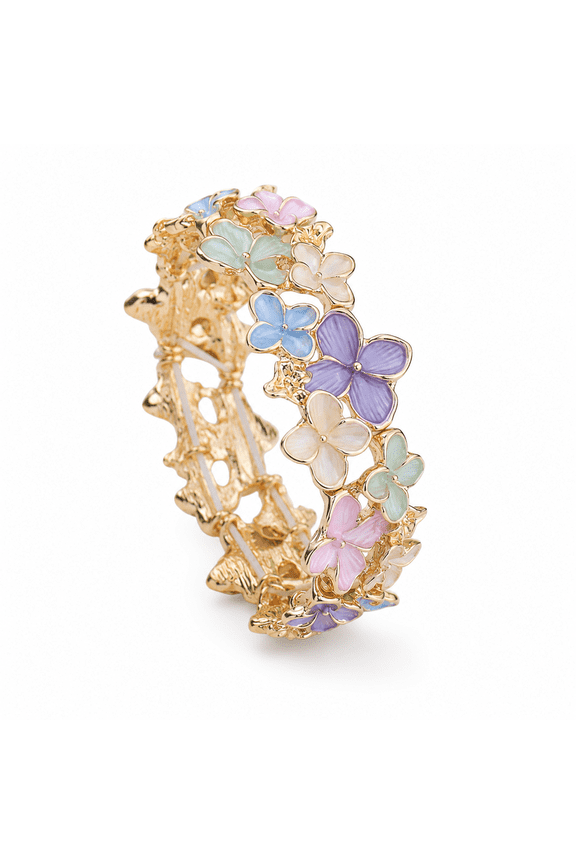 Cherry Blossom Bangle Bracelet Colorful Oil Painted Floral Relief Stretch Cuff Multi-Color Botanical Jewelry Elastic Wristband for Women Everyday Spring Fashion Accessories