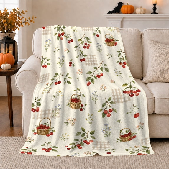 Cherry Blossom Basket Harvest Farmhouse bedroom Room, Rustic Botanical Portrait, Warm Flannel Blanket for Ranch House and Living Room, Animal Lovers Thanksgiving Gift, Rustic Home Decor