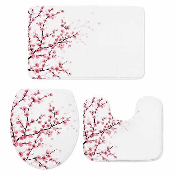 Cherry Blossom Bath Mat 3 Piece Bathroom Rug Set, Spring Pink Floral Branches Watercolor Non Slip Bath Rug Contour Mat and Toilet Lid Cover, Absorbent Shower Mats Soft Bath Rugs and Mats Sets