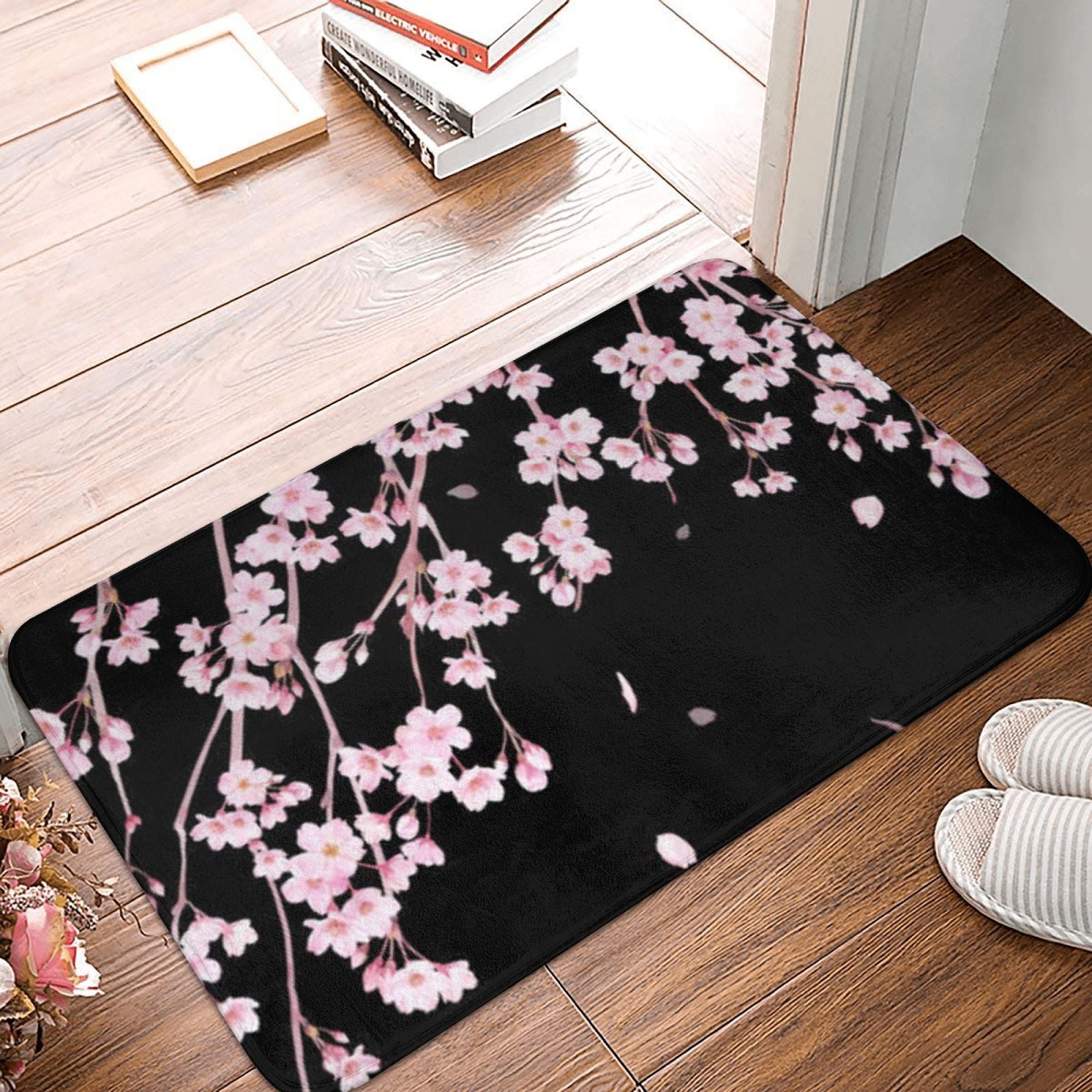 Cherry Blossom Bath Mat Chinese Plum Floral Aesthetic Black Memory Foam ...
