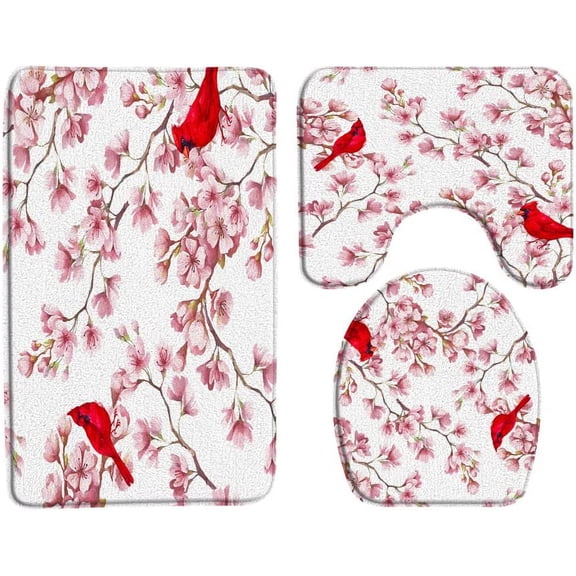 Cherry Blossom Bath Mat Red Bird Flower Plum Peach Blossom Japanese Asian Oriental Spring Tree Branch Bath Mat Sets 3 Piece