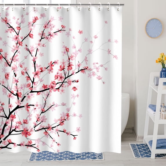 Cherry Blossom Bathroom Curtain with 12 Hooks, Pink Floral Shower Curtain Fabric Sakura Bath Curtain, Flower Shower Curtain for Bathroom, Machine Washable, 72" WX 72" H