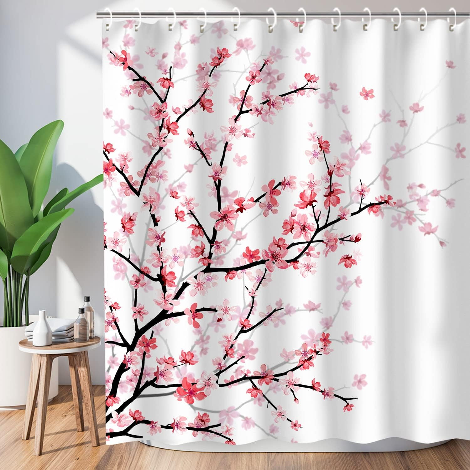 Cherry Blossom Bathroom Curtain with 12 Hooks, Pink Floral Shower