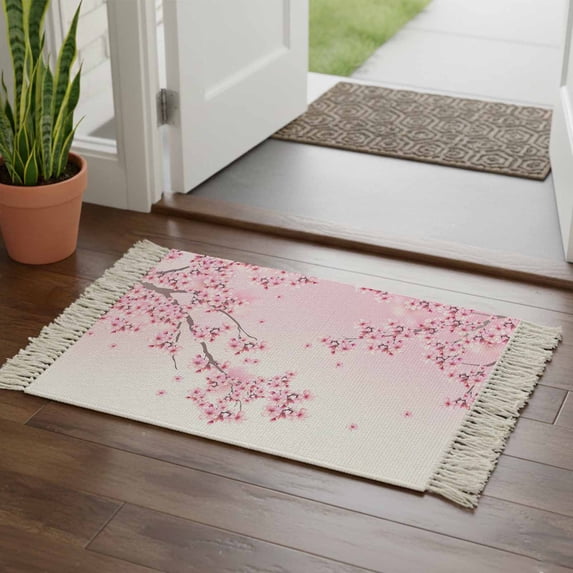 Cherry Blossom Bathroom Rug 2'x3', Gradient Tree Pink Flower Plant Low Profile Front Entryway Rug with Tassels, Woven Cotton Washable Kitchen Mat Carpet for Foyer Bedroom Back Door Decor