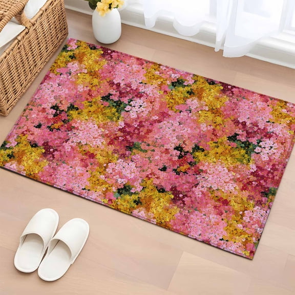 Cherry Blossom Bathroom Rug Washable 2x3 Entryway Rug Non Slip Pink Yellow Flowers Oil Painting Art Front Door Mat Low Pile Indoor Doormat Throw Floor Carpet for Kitchen Bedroom Entrance