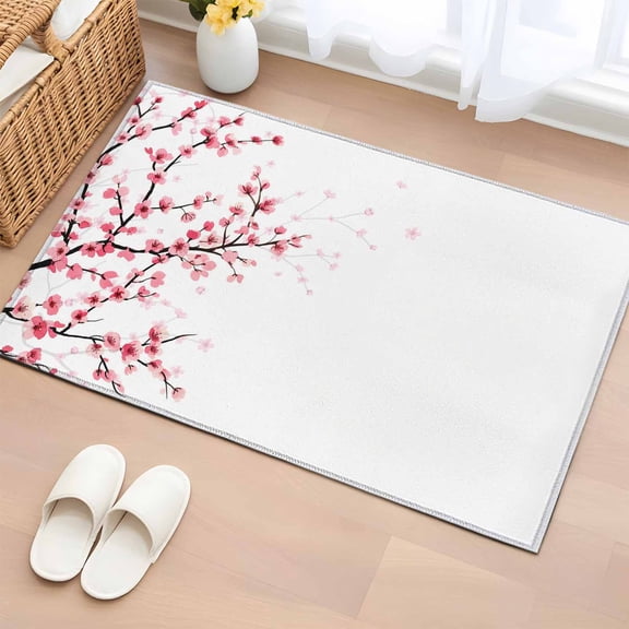 Cherry Blossom Bathroom Rug Washable 2x3 Entryway Rug Non Slip Spring Pink Floral Branches Watercolor Front Door Mat Low Pile Indoor Doormat Throw Floor Carpet for Kitchen Bedroom Entrance