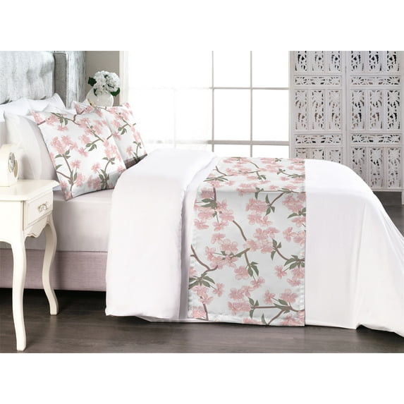 Cherry Blossom Bed Runner Set, Pastel Colored Pinkish Flowers on Spring Branches Soft Tones, Decorative Bedding Scarf & 2 Pillow Shams for Hotels Homes, Queen, Blush Evergreen and Taupe, by Ambesonne