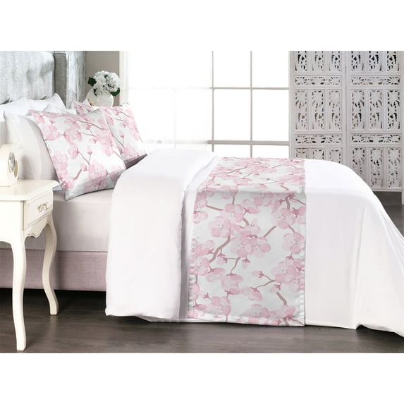 Cherry Blossom Bed Runner Set, Pastel Floral Japanese Dream Spring Time Sakura Flowers Pattern, Decorative Bedding Scarf & 2 Pillow Shams for Hotels Homes, Queen, Dried Rose Soft Pink, by Ambesonne