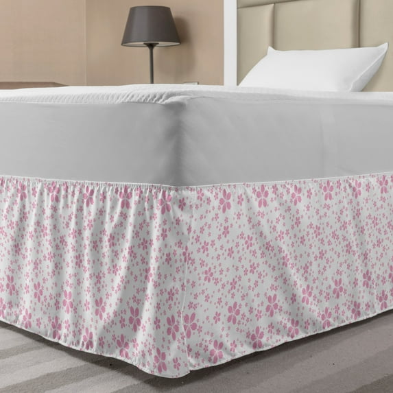 Cherry Blossom Bed Skirt, Childish Pink Flowers on White Background Kids Girls Simple Design, Elastic Bedskirt Dust Ruffle Wrap Around for Bedding Decor, 4 Sizes, Pale Pink White, by Ambesonne