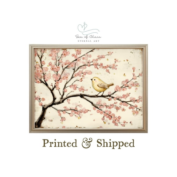 Cherry Blossom Bird Nursery Poster Whimsical Cottage Core Baby Girl Room Decor, (Mailed Print Poster) Warm Present Vintage UNFRAMED Poster Size 12x18
