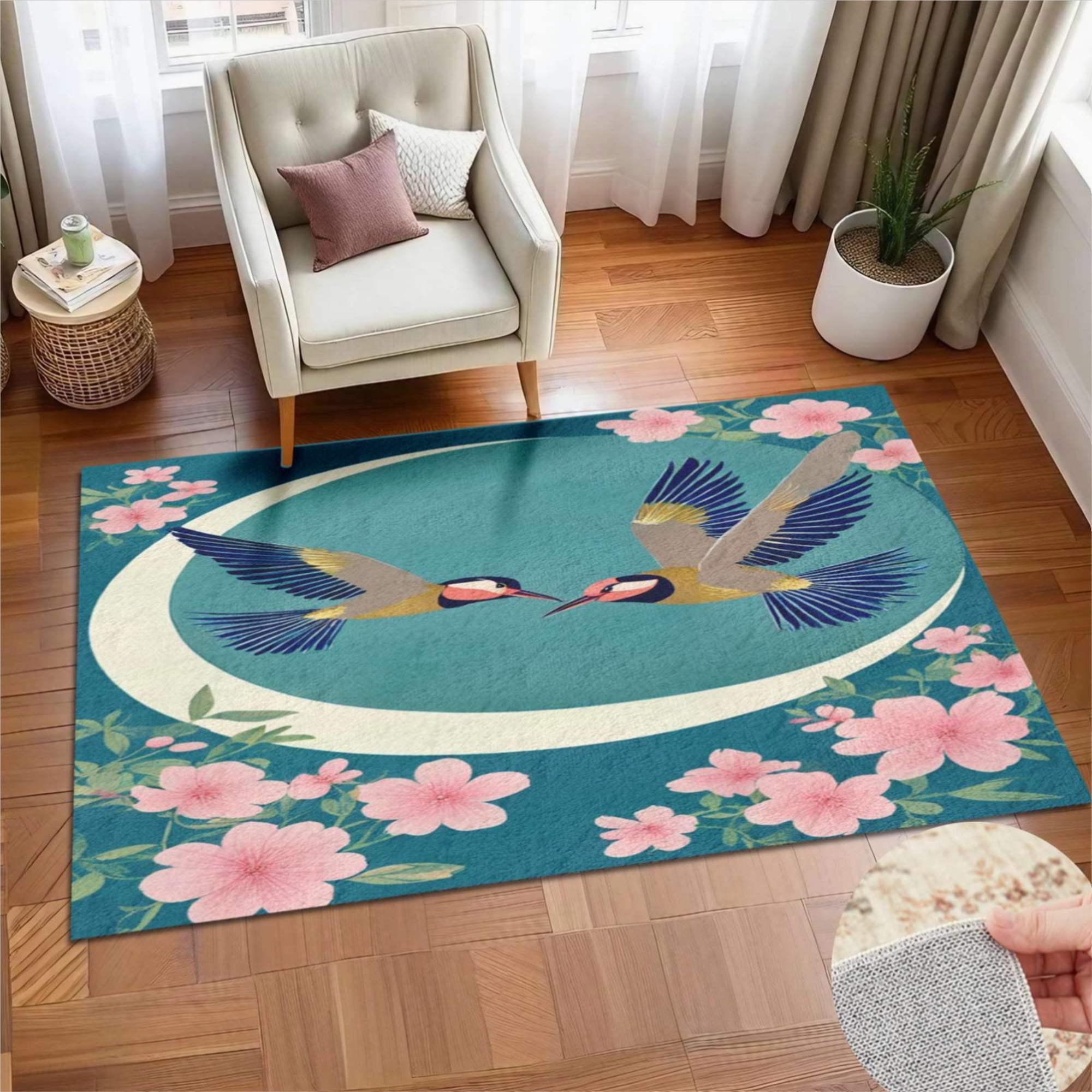 Cherry Blossom Birds Art Print Soft Large Area Rugs Washable Rug With ...
